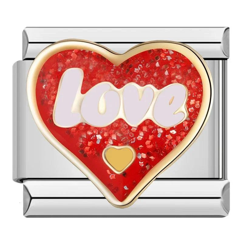 Glittery Red Heart, Love, on Silver - Charms Official