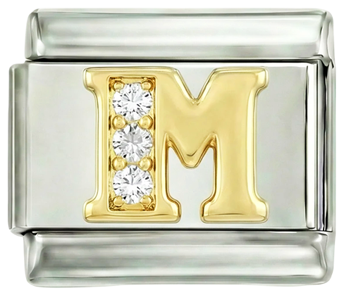 Letter M in Gold with Stones, on Silver - Letter-M-in-gold-with-stones-on-silver.png