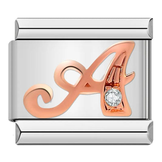 Letter A in Rose Gold with Stones, on Silver - Charms Official