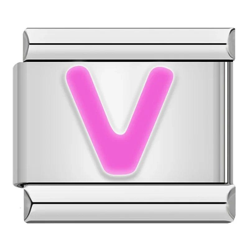 Letter V in Pink, on Silver - Charms Official